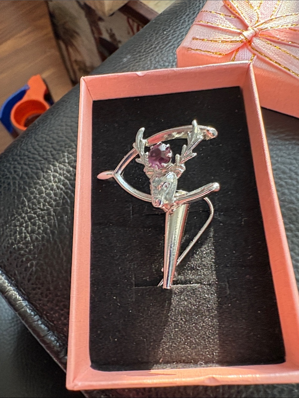 Vintage Scottish Stag And Wishbone Silver Tone  Purple Glass Stone Brooch